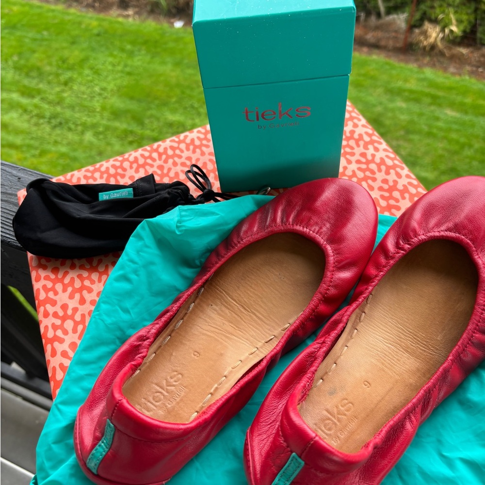 Tieks Leather Ballet Flats in Red with Teal Heel Tab